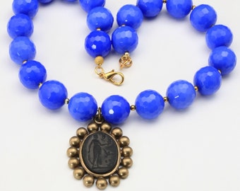 Vintage Blue Faceted Glass Bead Black Cameo Gold Tone Necklace Lady with Birds