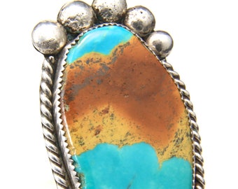 Vintage Huge Turquoise Slab Sterling Silver Brass Ring Unique Artisan Size 11.25