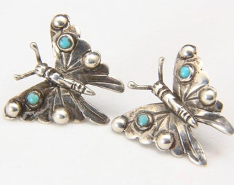 Vintage Sterling Silver & Turquoise Butterfly Post Earrings Beautiful Detail