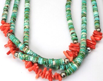 Vintage Triple Stand Gaspeite Heishi Disc & Pacific Coral Silver Necklace Native