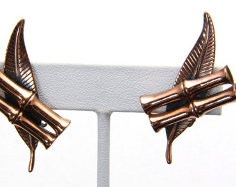 Vintage Renoir Copper Bamboo Leaf Feather Clip on Earrings Modernist MCM Signed
