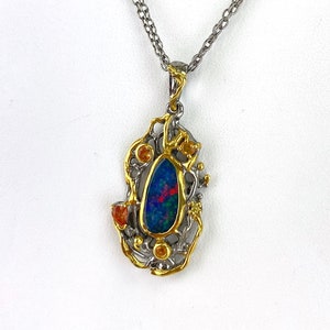 Artisan Freeform Fiery Doublet Opal Sapphire Sterling Silver Pendant Necklace 18 Chain image 1