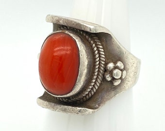 Vintage Artisan Navajo Sterling Silver Coral Ring Sz 8.5 Southwestern