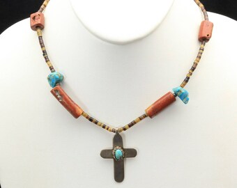 Vintage Sterling Silver & Turquoise Cross Necklace with Fossilized Coral Heishi Shell