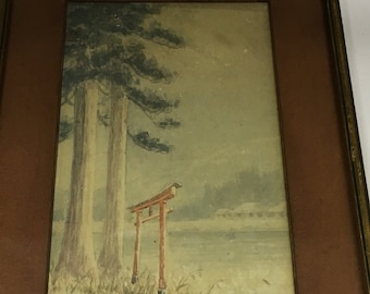 Vintage japonés impresionista acuarela paisaje pintura arte firmado M. Masahiro