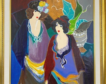 Itzchak Tarkey Embellished Serigraph Art Canvas~Two Ladies Standing~ EA 44/50 Signed