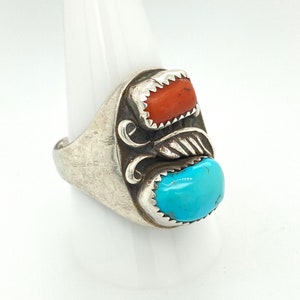 Vintage Artisan Navajo Sterling Silver Turquoise Coral Ring Mens Sz 10.75
