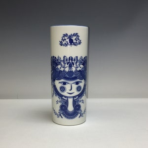 Vintage Artistic Seito Danish Porcelain Vase Japan Blue Cylindrical Girl Face Birds