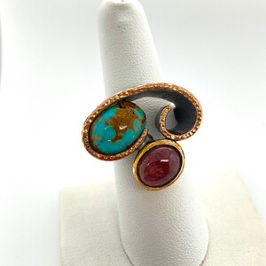 Artisan Modernist Blue Turquoise & Tourmaline Sterling Silver Swirl Ring Sz 7.5 image 1