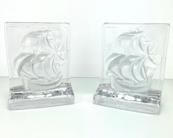 Vintage Heavy Clear Art Glass Ships Nautical Bookends Mid Century Modern