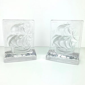 Vintage Heavy Clear Art Glass Ships Nautical Bookends Mid Century Modern image 1