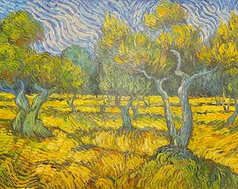 黄色い空と太陽のあるオリーブの木々 - ヴィンセント・ヴァン・ゴッホ