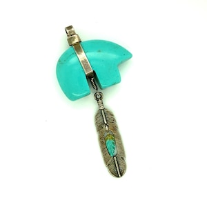 Sundancer Jewelry Co Turquoise Silver Fetish Bear Feather Pendant Necklace SJC Signed image 1