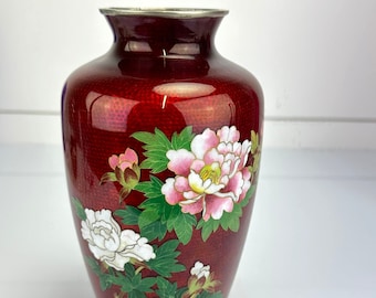 Vintage Japanese Red Pigeon Blood Cloisonne Enamel Vase Floral Peony Bird 7.25"