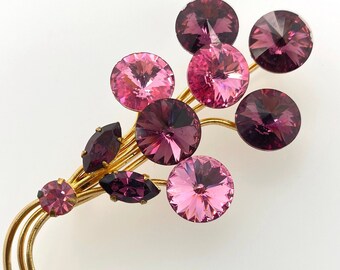 Broche Vintage Feuille Plaqué Or Avec Pierres Violettes