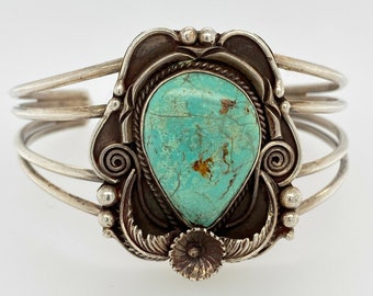 Vintage Navajo Encantador Verde Turquesa Plata de Ley Brazalete Pluma Remolinos