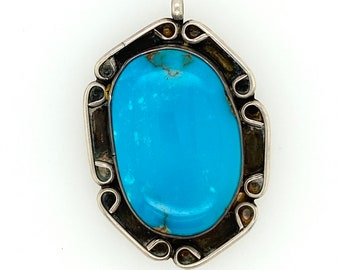 Vintage Artisan Navajo Bright Blue Turquoise Sterling Silver Pendant Necklace