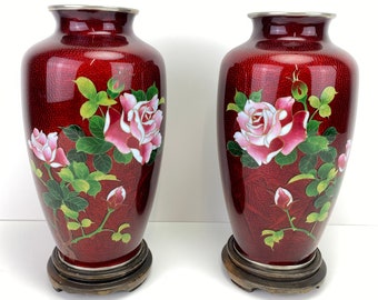 Vintage Pair Japanese Red Pigeon Blood Cloisonne Enamel Vase Rose Bamboo Bird