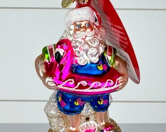 Christopher Radko Santa Gem OUT OF OFFICE Flamingo Glass Christmas Ornament