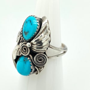 Vintage Artisan Navajo Sterling Silver 2 Stone Turquoise Ring Sz 7.5 Signed HH