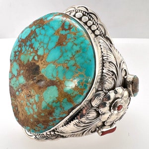 Amazing Navajo Large Slab Easter Blue Turquoise Sterling Silver Cuff Bracelet
