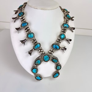 Vintage Navajo Old Pawn Turquoise Sterling Silver Squash Blossom Naja Necklace image 1