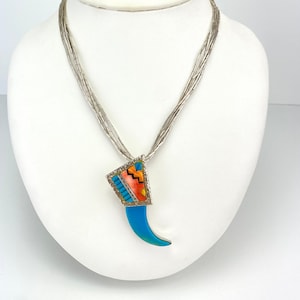 Vintage Navajo Turquoise Spiny Oyster Inlay Bear Claw Sterling Silver Necklace image 1