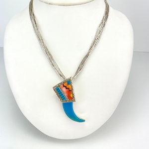 Vintage Navajo Turquoise Spiny Oyster Inlay Bear Claw Sterling Silver Necklace