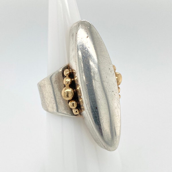 Vintage Artisan Modern Sterling Silver Oblong Ring 14k Gold Accents Sz 8.25 Signed