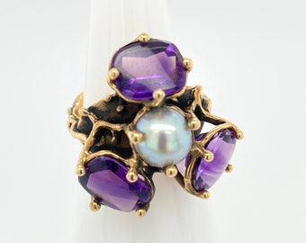 Vintage Artisan Amethyst Pearl 14k Yellow Gold Ring Sz 6.5 Modernist