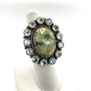 Artisan Green Ocean Jasper Aquamarine & Sterling Silver Ring Sz 7.75 Adjustable image 1