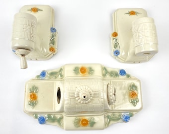 Antique Vintage Ceramic Art Deco Period Ceiling Light Fixture Wall Sconce SET Floral Pattern