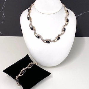 Vintage Taxco Modern Black Onyx 950 Sterling Silver Linked Necklace Bracelet Jewelry Set Mexico