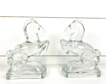 Vintage Heavy Clear Art Glass Rearing Horses Bookends Mid Century Modern