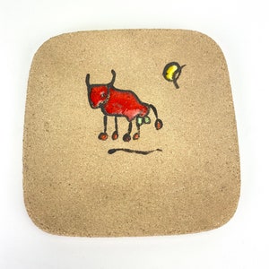 Vintage Picasso Style Bull Sandstone Pottery Trinket Dish Plate Mid Century Modern