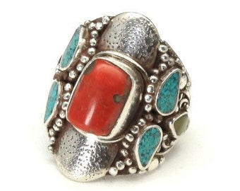 Vintage Sterling Silver Coral Green Blue Turquoise Ring Size 9 Southwestern