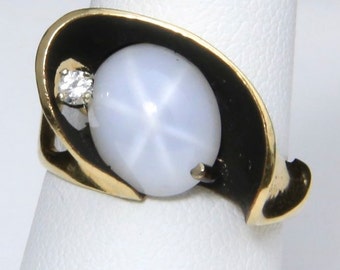 Vintage 14k Gold Modernist Star Sapphire Ring With Diamond Signed JWC Size 6.75