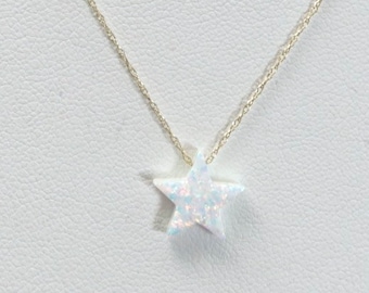 14k Gold Dainty White Opal Star Necklace Pendant Rope Chain 18" Minimalist