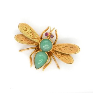 Vintage 14k Yellow Gold Jade Ruby Fly Insect Bee Pin Brooch Statement Hallmarked image 1