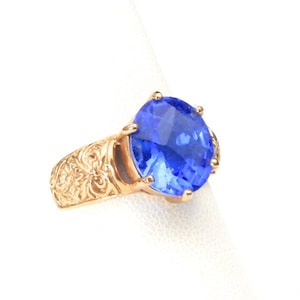 Vintage Gold Wash Sterling Nouveau Floral Faceted Blue Glass Stone Ring Size 6