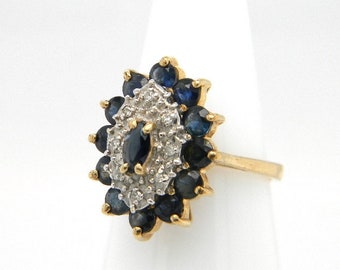 Vintage Sapphire Cluster Diamond Ring 10k Yellow Gold Sz 6 Cocktail Statement