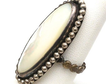 Vintage Large Sterling Silver Mother of Pearl Southwestern Statement Ring Sz 7.5