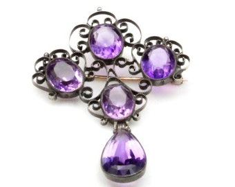 Vintage Silver Silver & Amethyst Filigree Art Nouveau Brooch Pin