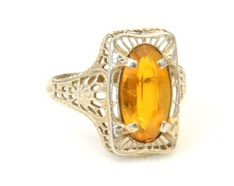 Vintage Art Deco Citrine & Filigree 10k White Gold Ring Sz 5.25 Yellow Gemstone