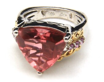 Vintage Cocktail Ring Sterling Silver & Pink Gemstone Gold Wash Accent Size 6.25