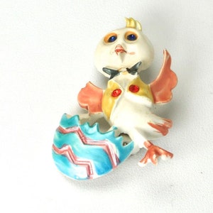 Vintage Enamel Easter Duck with Painted Egg Pin Brooch Rhinestone Accents Signed image 1