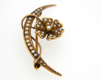 Vintage Art Nouveau 10k Yellow Gold Tiny Pearl Crescent Moon Flower Pin Brooch
