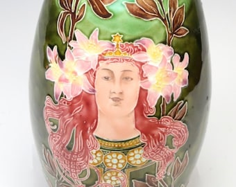 Antique Art Nouveau Amphora Bohemia Pottery Vase Austria Woman Floral Ceramic
