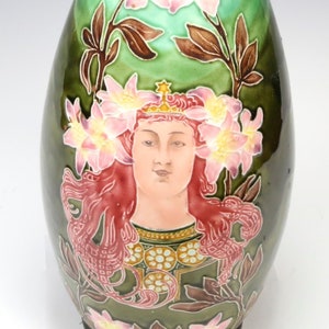 Antique Art Nouveau Amphora Bohemia Pottery Vase Austria Woman Floral Ceramic