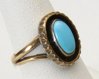 Vintage 14k Gold Band Turquoise Shadow Box Silver Ring Sz 7 Marked AJP